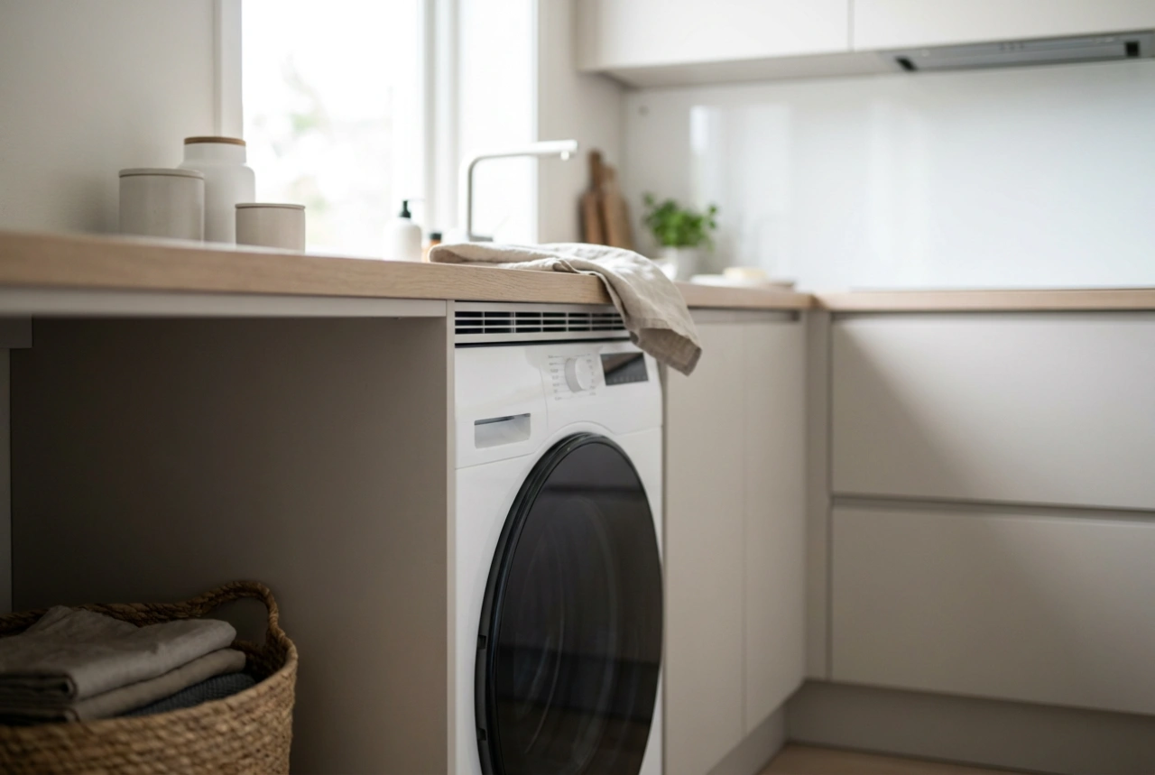 Vaskemaskine under bordpladen i køkkenet: Komfort og ventilation