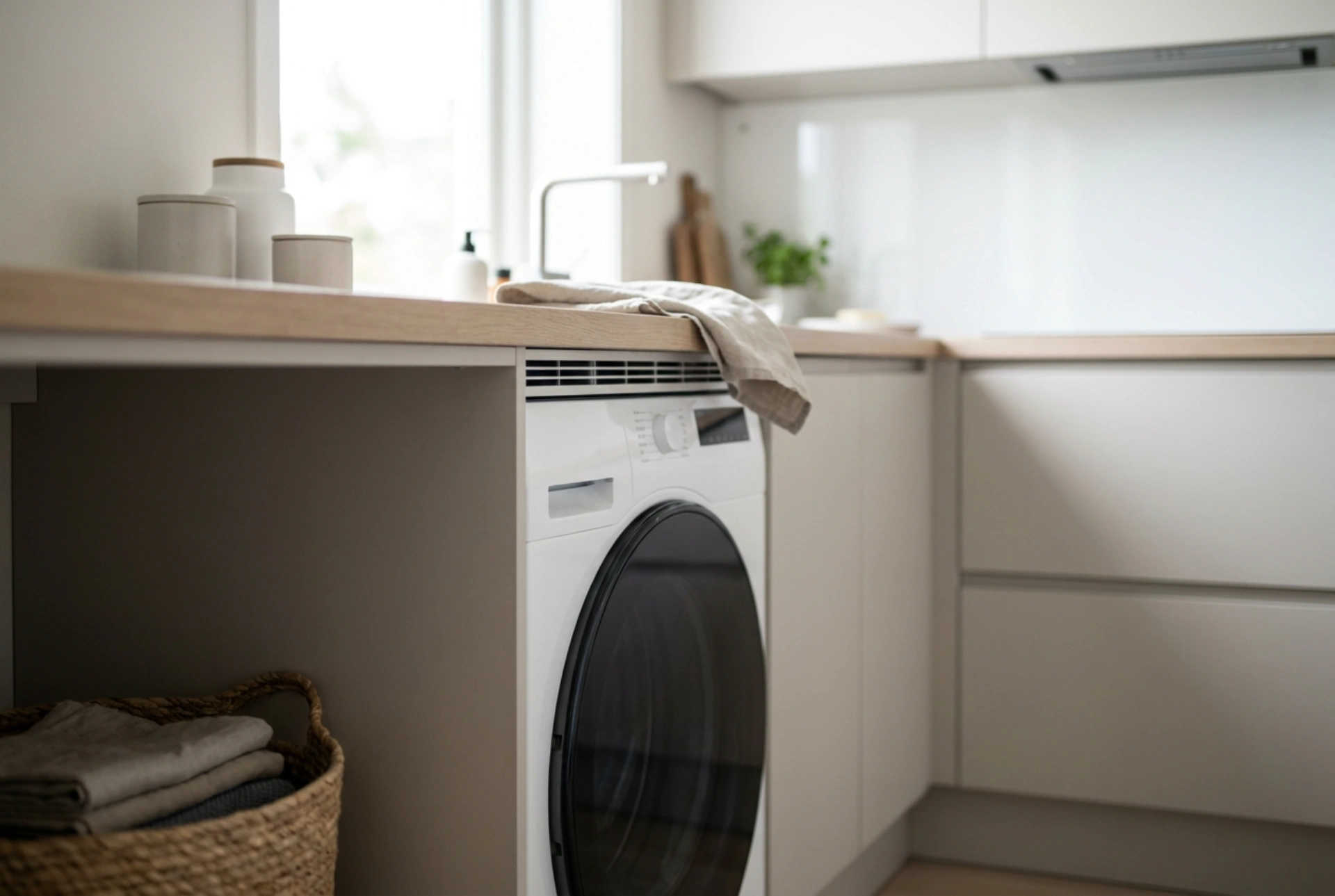 Vaskemaskine under bordpladen i køkkenet: Komfort og ventilation