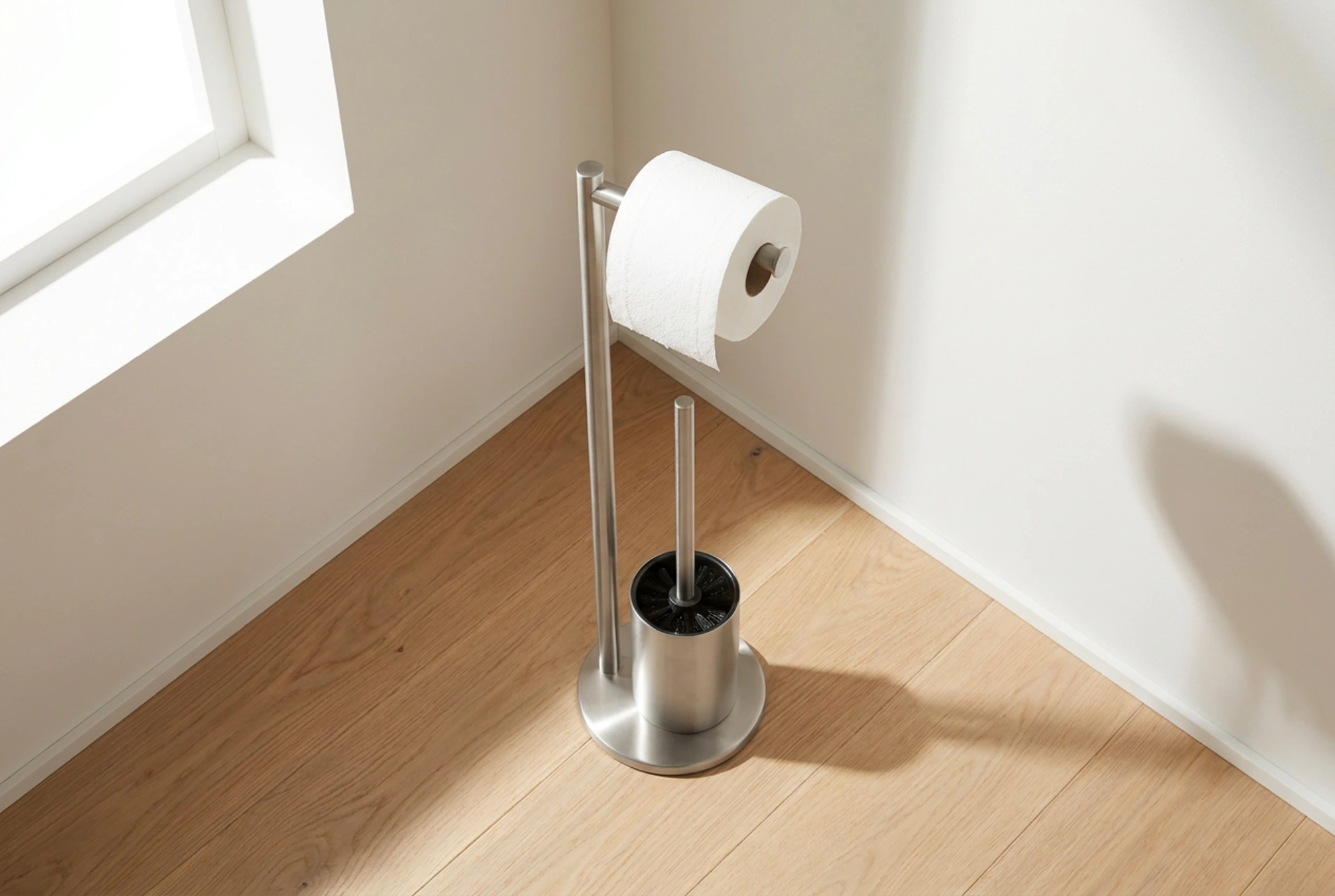Placering af toiletpapirstativ med børste på det lille badeværelse