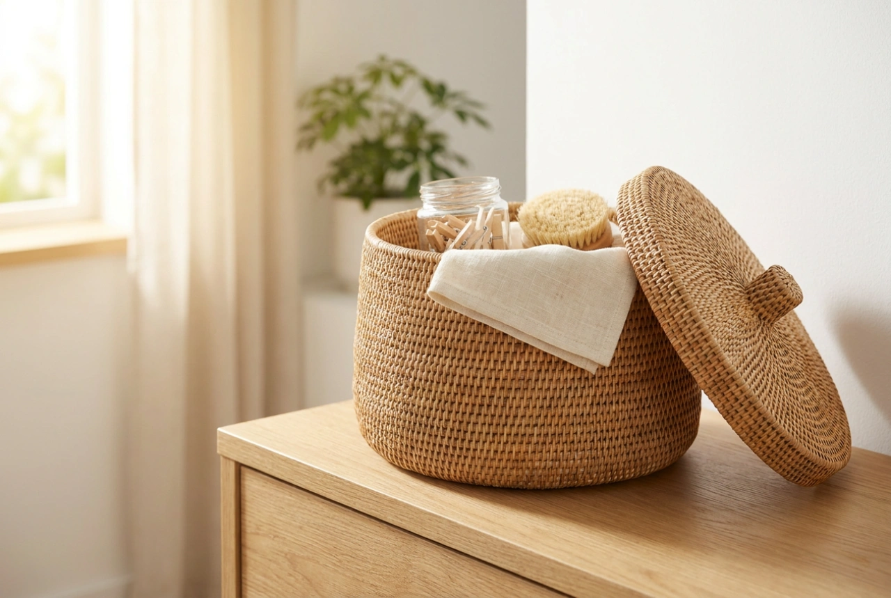 Rattan kurv med låg som æstetisk opbevaring til småting