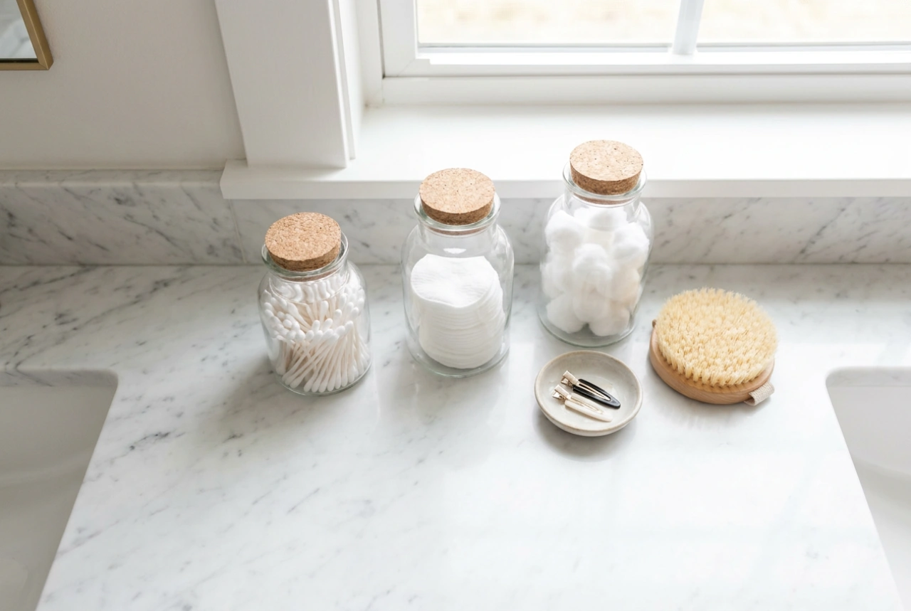 Glasbeholdere på badeværelset organiserer kosmetik og tilbehør