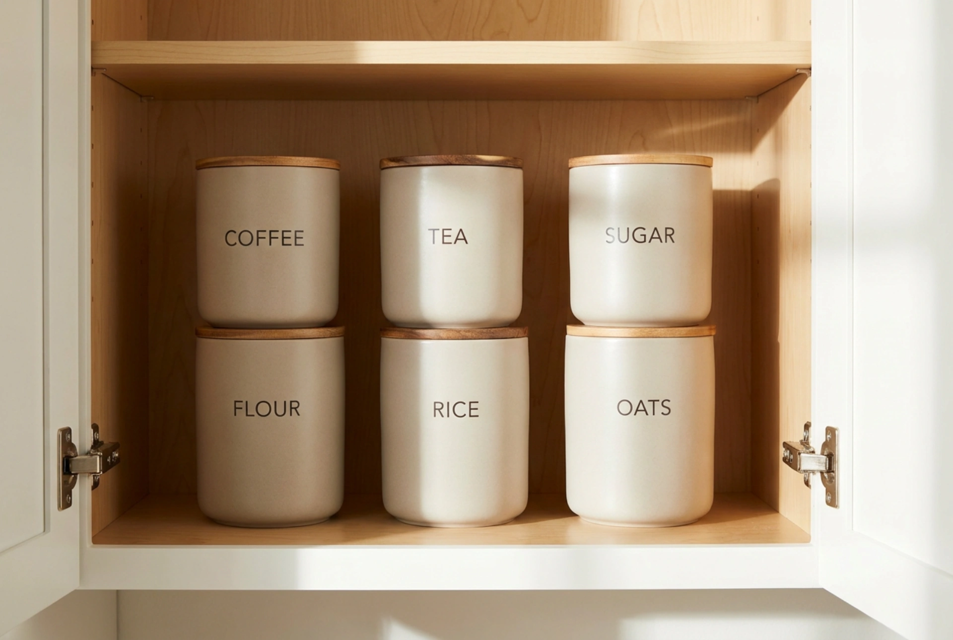 Kaffe- og tebeholdere i et velorganiseret køkkenskab