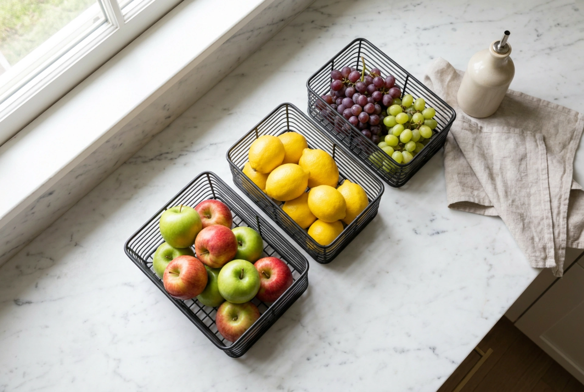 Sådan organiserer du frugtkurve på køkkenbordet for optimal holdbarhed