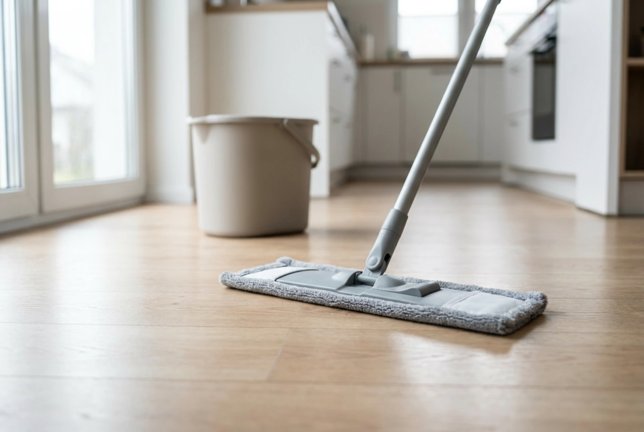 Fladmoppe med spand til hurtig rengøring af laminatgulve og fliser
