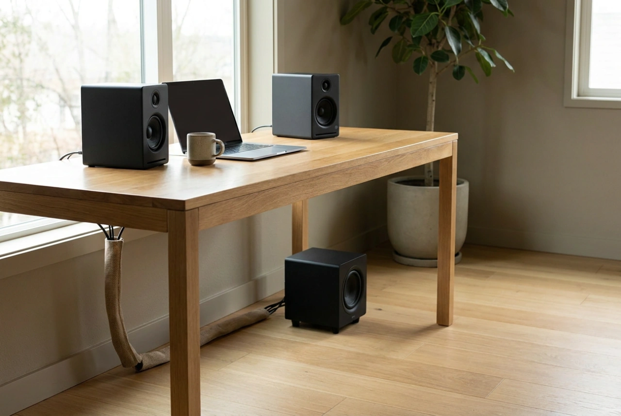 Sådan placerer du computerhøjttalere og subwoofer på skrivebordet
