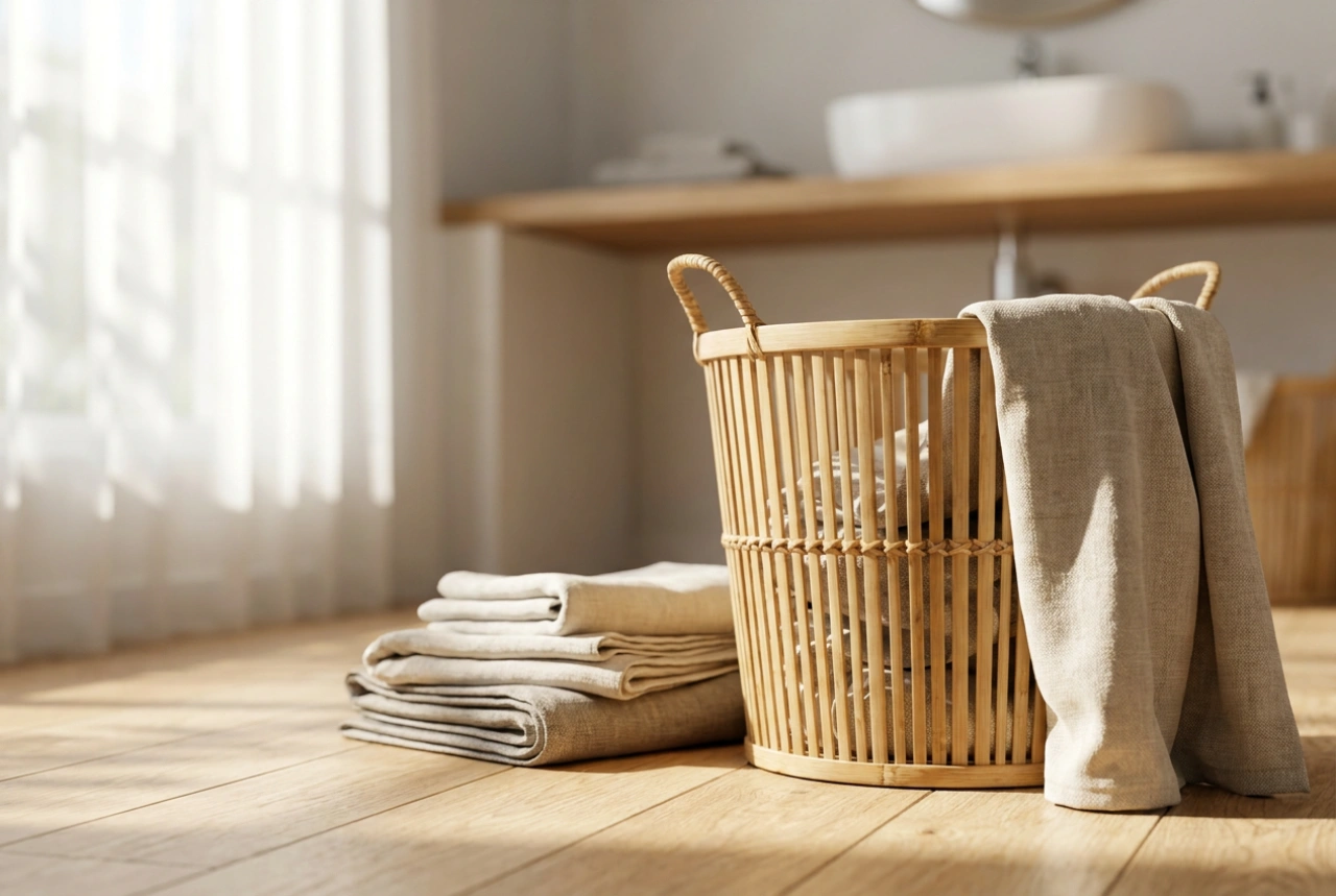 Bambusvasketøjskurv og pleje af naturmaterialer