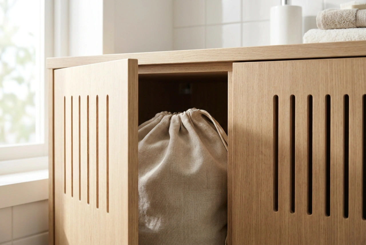 Indbyggede vasketøjskurve og ventilation af det skjulte skab