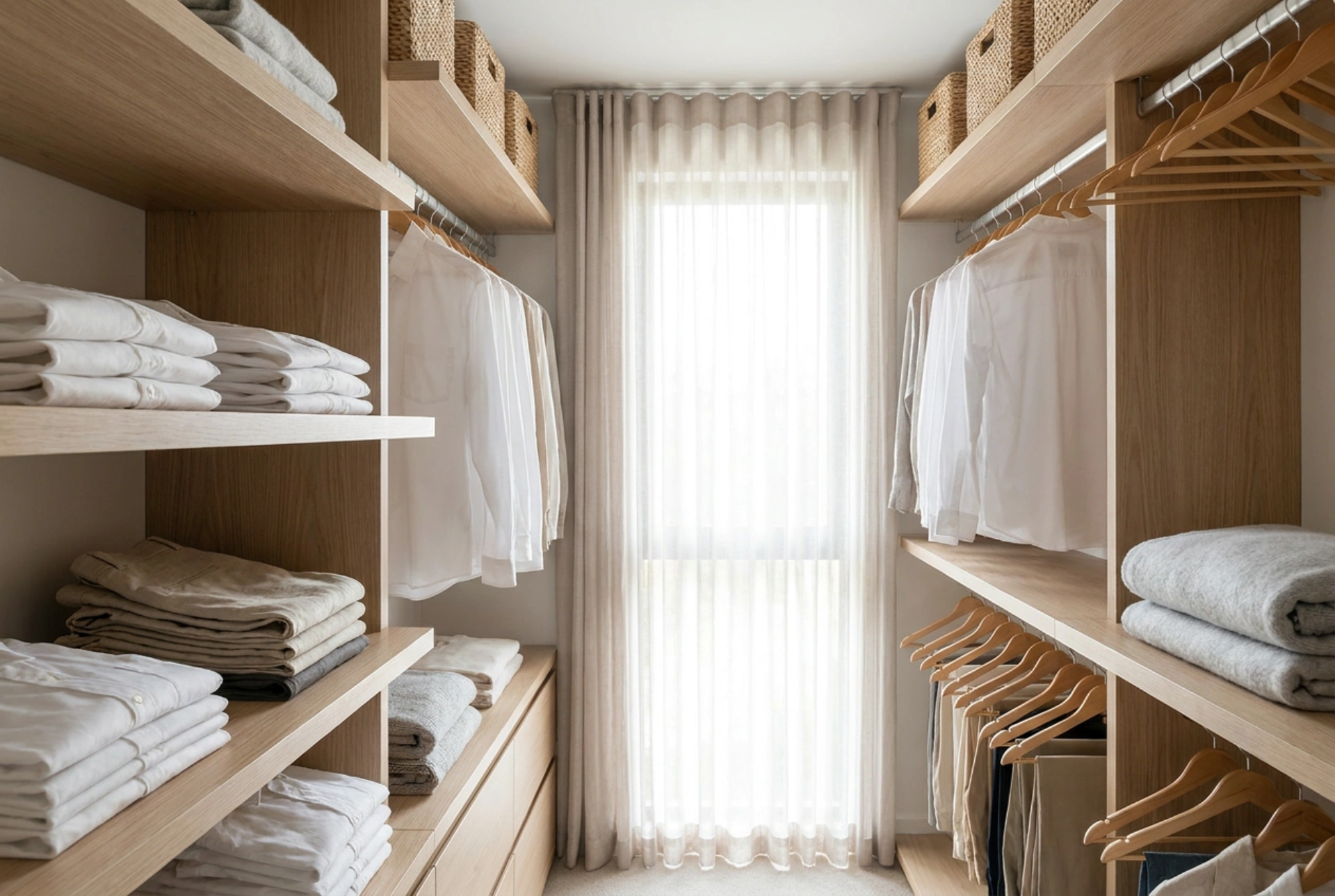 Praktisk opdeling af en stor garderobe til hele familien