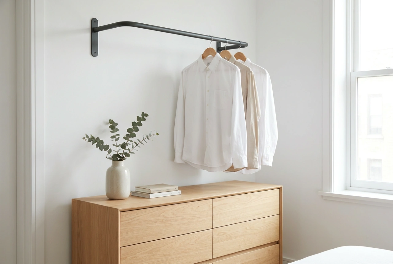 Kommode med tøjstang som mini-garderobe til det lille soveværelse