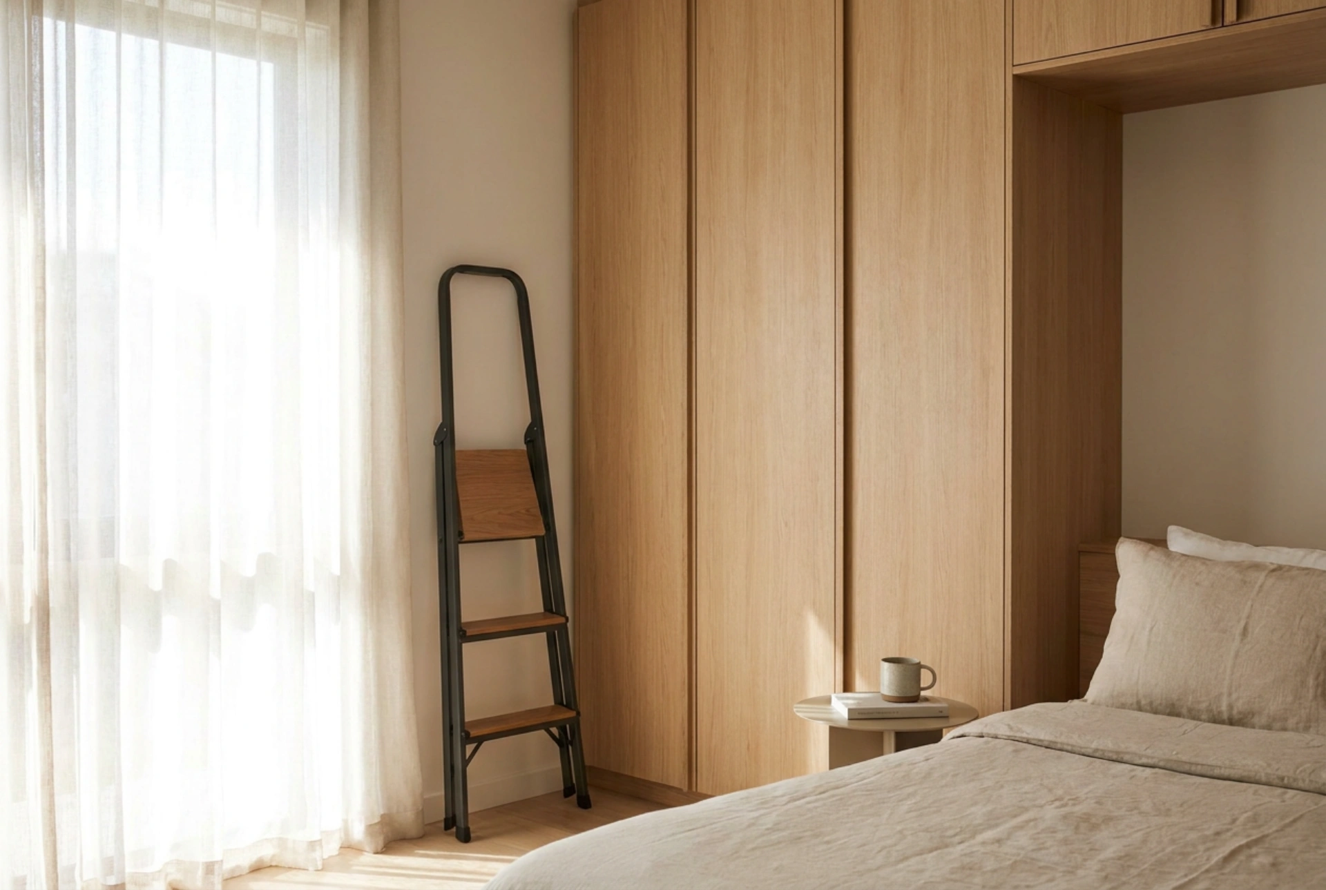 Loftshøj garderobe i soveværelset og sikker adgang til de øverste hylder