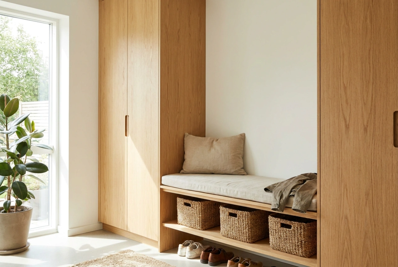 Funktionel garderobe med siddeplads til vindfanget trin for trin