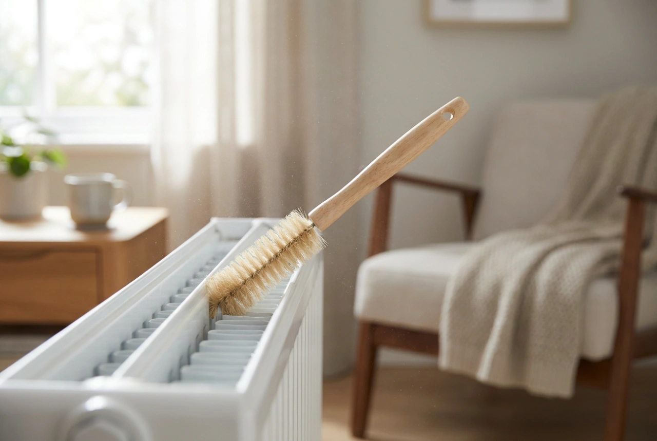 Radiatorbørste og metoder til fjernelse af støv mellem lamellerne
