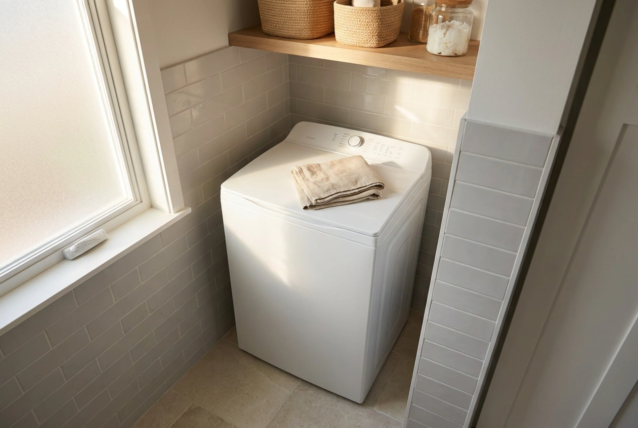 Smal topbetjent vaskemaskine i en lille badeværelsesniche